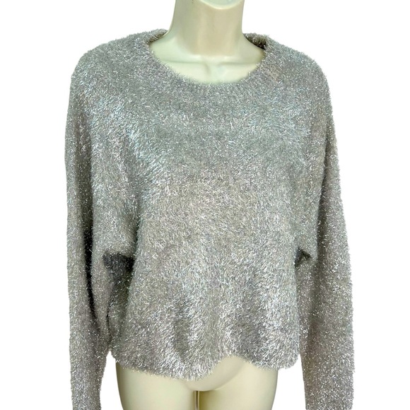 Z Supply Tinseltown Silver Metallic Slightly Cropped LS Sweater Brand New - Picture 1 of 13